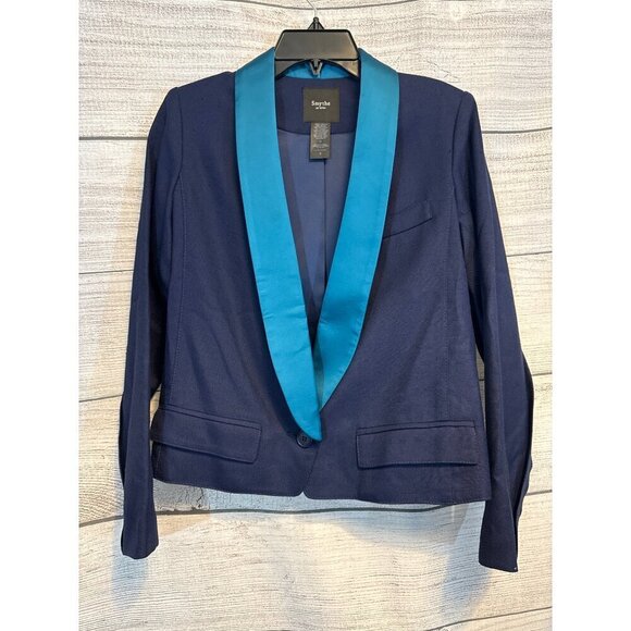Smythe Navy Blazer With Teal Satin Lapel Single Button Closure Size 4 - Picture 1 of 3